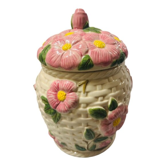 Vintage Fitz & Floyd Floral Ceramic Cookie Jar W Lid - Pink Flower Basket Design - Picture 1 of 8